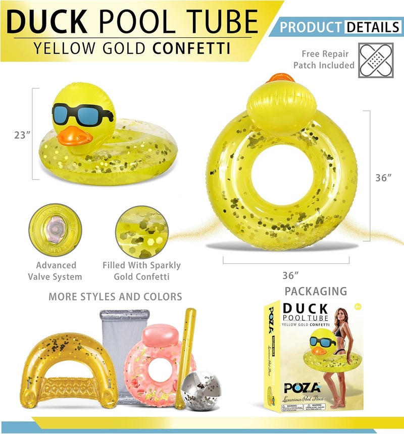 POZA Inflatable Duck Pool Float Tube- Heavy Duty Vinyl UV Resistant Confetti Pool Duck Floatie, Animal Pool Float Swim Ring Pool Inflatables for Kids and Adults for Beach, Party, Vacation - Image 2